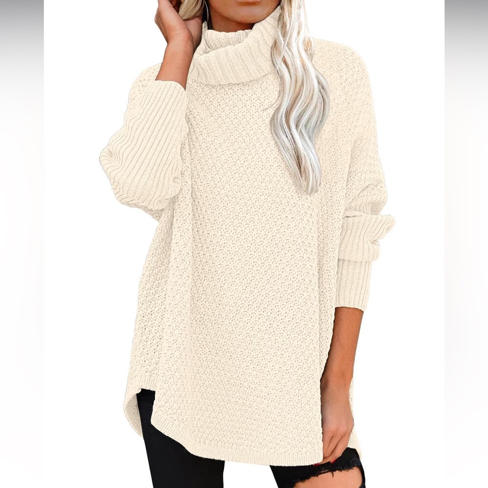Dorose Cream Oversized Turtleneck Tunic Sweater, Size Medium